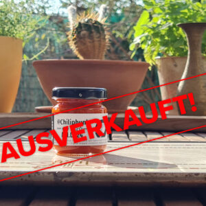 Label mit dem Text "Ausverkauft" liegt über dem Bild der Chilipaste MID24. Das Bild: 1 Glas Chilipaste Chiliphunk MID24 mit 3 Sternen am Etikett, auf einem Holztisch; Dahinter ist unscharf der Gartenzaun und Kräutertöpfe am Tisch. In der Mitte ein Kaktus, zwei kleine Messingvasen links und rechts.