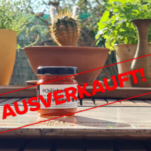 Label mit dem Text "Ausverkauft" liegt über dem Bild der Chilipaste Babyphunk. Das Bild: 1 Glas Chilipaste Chiliphunk Babyphunk mit 3 Sternen am Etikett, auf einem Holztisch; Dahinter ist unscharf der Gartenzaun und Kräutertöpfe am Tisch. In der Mitte ein Kaktus, zwei kleine Messingvasen links und rechts.